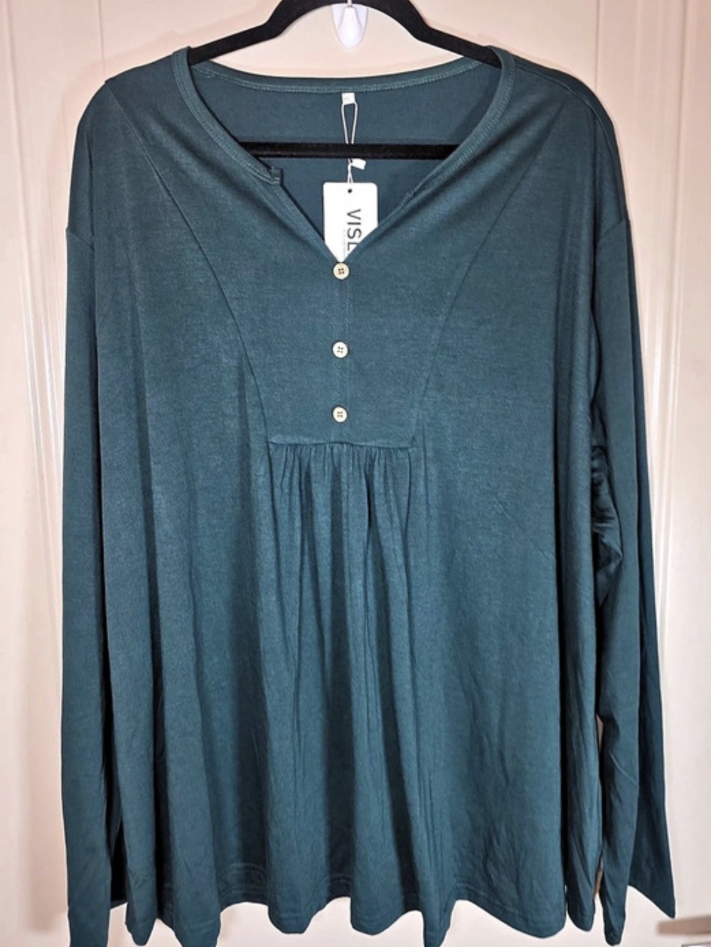NWT VISLILY 5XL Plus Size Henley Tunic Blouse Green Long Sleeve Flowy